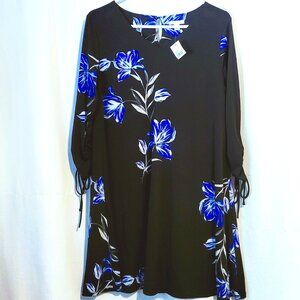 C Est 1946 Lined Shift Dress Floral Print Faux Tie Ruched Sleeves Size Small NWT